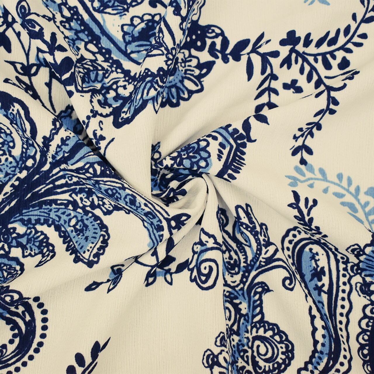 Navy-Blue-White Paisley Vine Printed Poly Slub Momie Crepe Woven Fabric By the Yard